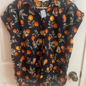 LOFT Navy and Orange Floral Button Down Shirt